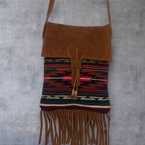 Wool And Leather Crossbody Blanket Shoulder Bag Aztec Southwestern Fringe Boho